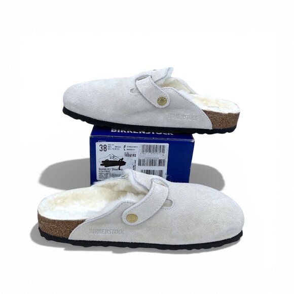 Birkenstock Boston Shearling Suede Clogs Antique White EU 38 Fur Lined - Picture 15 of 16